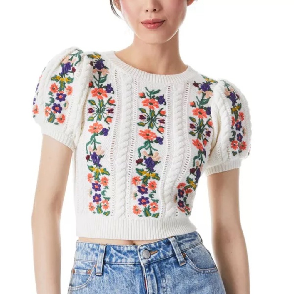 Alice + Olivia Darren Embroidered Puff Sleeve Top